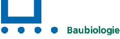 Blaues Logo mit Quadrat und Punkten, daneben der grüne Text "Baubiologie".