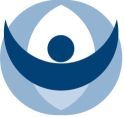 Abstraktes blau-weißes Logo mit kreisförmigem und bogenförmigem Element im Zentrum.