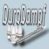 Text "DuroDampf" mit drei weißen Zylindern und einem silbernen Stab auf hellblauem Hintergrund.
