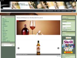 Eine Webseite zeigt Spirituosenflaschen und Zahlungsmethoden wie Skrill und Visa.