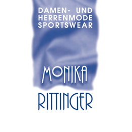 Logo für Damen- und Herrenmode von Monika Rittinger mit blauem Hintergrund.
