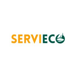 Logo de SERVIECO con letras naranjas y verdes, hoja en la letra O.