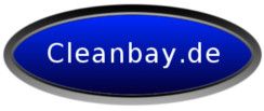 Blaues ovales Logo mit weißem Text "Cleanbay.de".