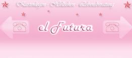 Rosa Banner mit dem Text "el Futura", Telefonbilder und Sternen, oben steht "Wahrsagen und Beratung".