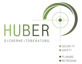 Logo der Huber Sicherheitsberatung in Grün mit Zielscheibe und Stichwörtern: Security, Safety, Planung.