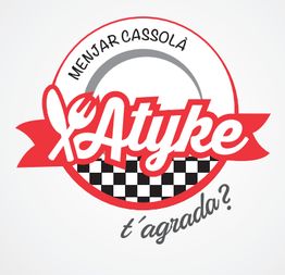 Logotipo circular rojo y blanco con texto "Menjar Cassolà Atyke, t'agrada?" y diseño de cubiertos.