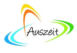 Buntes Logo mit dem Wort "Auszeit" und geschwungenen Linien in Blau, Grün und Orange.