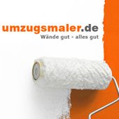 Farbrolle streicht weiße Farbe auf orange Wand, Logo: umzugs maler.de, Slogan: Wände gut - alles gut.