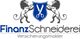 Zwei Löwen halten Wappen mit Schere. Text: "Finanz Schneiderei Versicherungsmakler".
