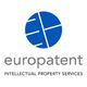 Blaues Logo mit Kreis und Linien, darunter steht "europatent Intellectual Property Services".