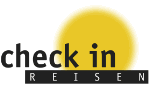 Logo mit Text "check in REISEN" vor gelber Sonne.