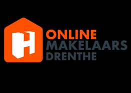 Logo met tekst: "Online Makelaars Drenthe" en een oranje huis pictogram op een zwarte achtergrond.