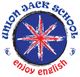 Logotipo con estrella roja azul, texto "Union Jack School" y "enjoy English".