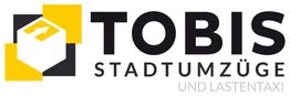 "Logo von Tobis Stadtumzüge und Lastentaxi mit gelbem Würfel und Pfeil."