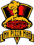 Logo of a chef holding a pizza, with "Mr Pizza Man" text underneath.