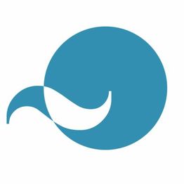 Círculo azul con una onda estilizada blanca saliendo del borde izquierdo.