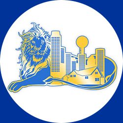 Lion with a city skyline and houses in a circle.