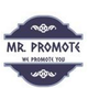 Logo mit dem Text "Mr. Promote" und "We Promote You" in blauem Schild mit weißen Blumenmotiven.