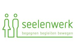 Grüne Liniengrafik von zwei Personen, Text: "seelenwerk, begegnen begleiten bewegen".
