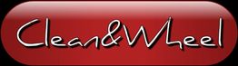 Rotes Logo mit dem Text "Clean & Wheel" in weißer Schrift auf glänzendem Hintergrund.