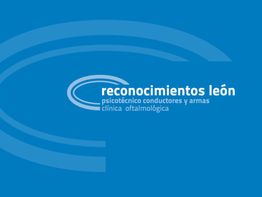 Texto en azul sobre fondo azul: "Reconocimientos León, psicotécnico conductores y armas".