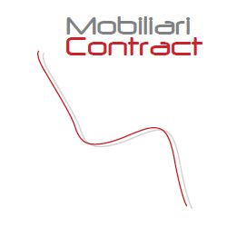 Logotipo con texto "Mobiliari Contract" y un diseño abstracto de línea curva en rojo y gris.