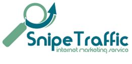 Logo for Snipe Traffic, internet marketing service, with magnifying glass and arrow design.