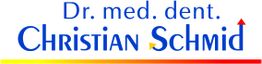 Textlogo "Dr. med. dent. Christian Schmid" in Blau mit gelben und roten Akzenten.