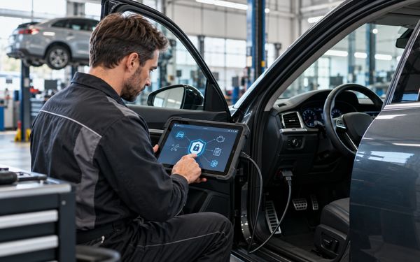 Ein Kfz-Mechatroniker überprüft mit einem angeschlossenen Diagnosegerät das Secure Gateway eines Fahrzeugs in der Autowerkstatt, um geschützte Diagnosefunktionen und den Zugriff auf die Steuergeräte zu kontrollieren.