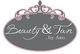 Ovale grijze logo van "Beauty & Tan by Ann" met roze krullen.