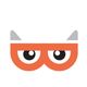 Orange and gray stylized owl face with large eyes on a white background.