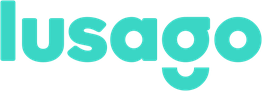 Texto "lusago" en letras turquesas con diseño moderno sobre fondo blanco.
