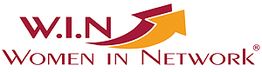 Logo mit Pfeil: "W.I.N" und "Women in Network" in roter Schrift.