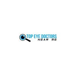 Logo with a magnifying glass and text: "Top Eye Doctors Near Me" in blue and black.