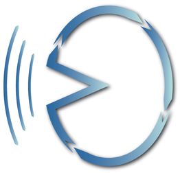 Abstract blauw logo met cirkel, pijl en geluidsgolven.
