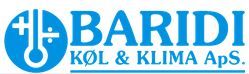 Logo for "BARIDI KØL & KLIMA ApS" i blå tekst med termometersymbol.