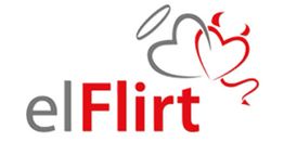 Logo mit Schriftzug "elFlirt", zwei Herzen, eines mit Heiligenschein, eines mit Teufelshörnern.
