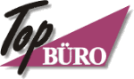 Logo mit weißem Schriftzug "Top Büro" auf lila-weißem Hintergrund.