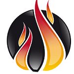 Stilisiertes flammenartiges Logo vor einem schwarzen Kreis.