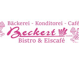 Logo von "Beckert GmbH", Bäckerei, Konditorei und Café in Rosa mit Zeichnungen von Kindern und Bäumen.