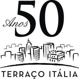 50 Anos Terraço Itália, desenho de prédio em preto e branco.
