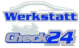 Logo mit Text "Werkstatt Check24" und Silhouetten eines Autos und Motorrads.
