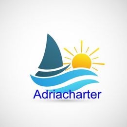 Segelboot und Sonne über blauen Wellen, darunter steht "Adriacharter".