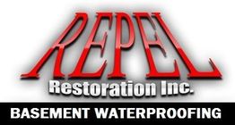 Repel Restoration Inc. logo with "BASEMENT WATERPROOFING" in bold black and white text.