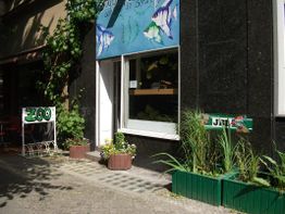 Kleines Geschäft mit "Zoo"-Schild, blauer Wandmalerei und bunten Pflanzenkästen vor dem Eingang.