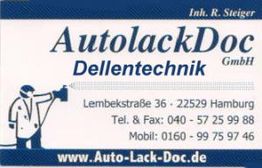 Visitenkarte von AutolackDoc GmbH mit Kontaktdaten und Webadresse in Hamburg.
