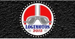 Logotipo de Logimotos 2015 con casco y gafas sobre fondo negro texturizado.