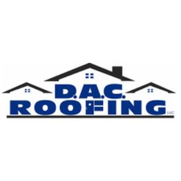 Logo for D.A.C. Roofing LLC with house rooftops above the text in blue.