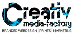 Logo mit Text: "Creativ media-factory. Branded Webdesign | Prints | Marketing".