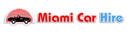 Logotipo de Miami Car Hire, con auto negro y fondo de líneas rojas. Texto en rojo y azul.